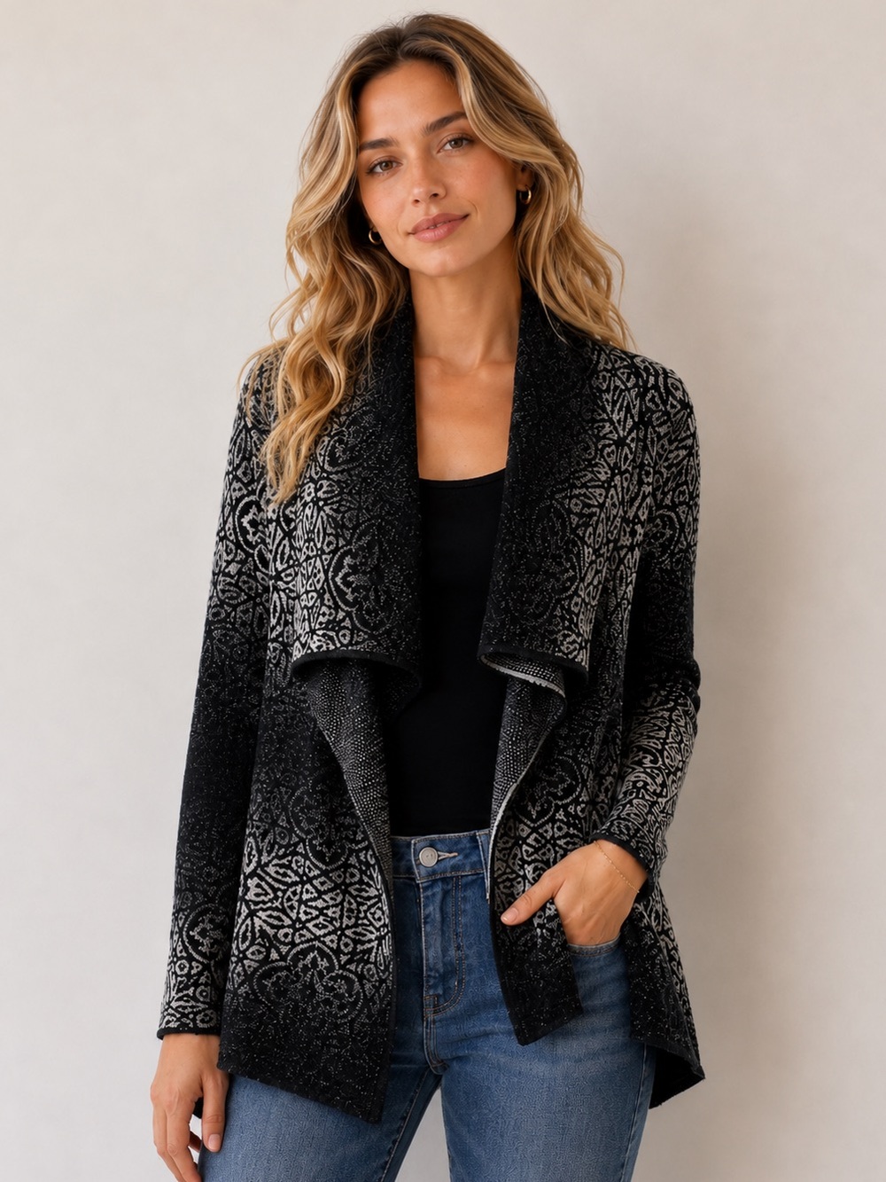 Black White and Gray Patterned Open Front Cardigan PTP: 19”-23”